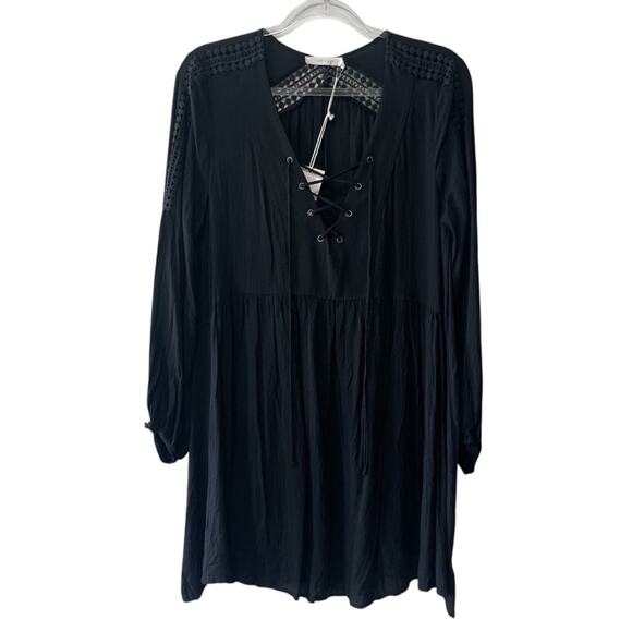 Lush Long Sleeve Lace Trim Front Tie Boho Mini Dress Black Size Large - Picture 1 of 6